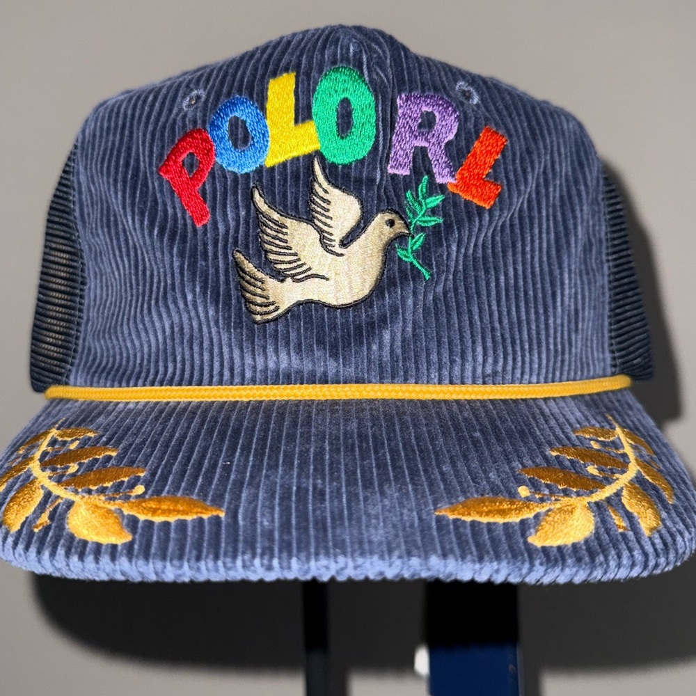 Polo Ralph Lauren Navy Corduroy PEACE LOVE DOVE Trucker Baseball Hat Cap O/S NWT